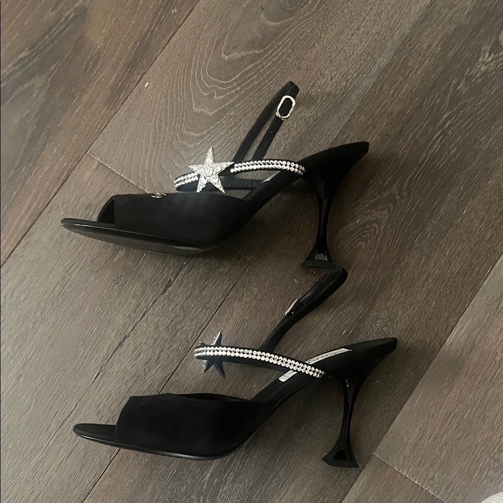 38.5 CHANEL Black Crystal Star Slingback Heels - Picture 6 of 11